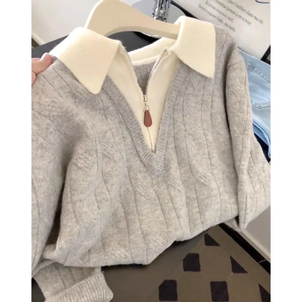 

Korean Knitted Sweater Women Autumn Half zipper Fake Two Pieces Long Sleeve Casual Jumper Pullovers Ladies Sweater Casual Tops
