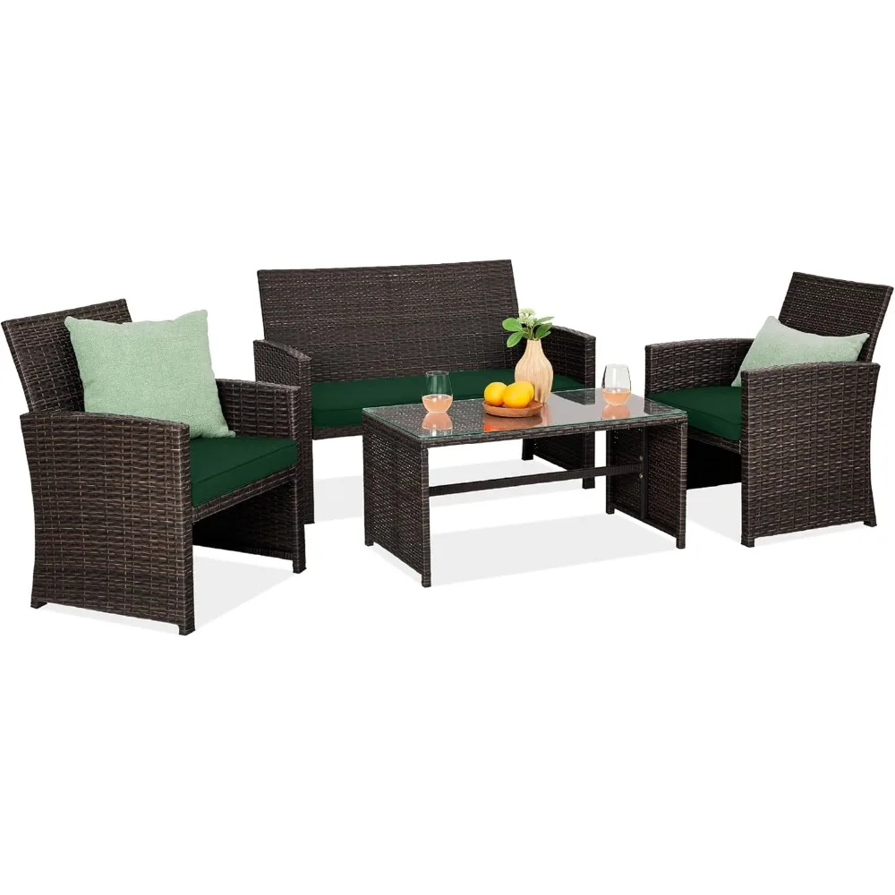 

4-Piece Outdoor Wicker Patio Conversation Furniture Set for Backyard w/Coffee Table, Seat Cushions - Brown