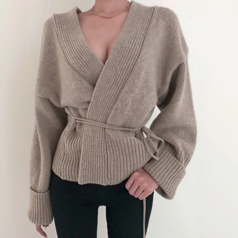 

Autumn Winter Cardigans 2025 Women's Elegant Plain Long Sleeve V-Neck Tie Waist Daily Basic Cardigans