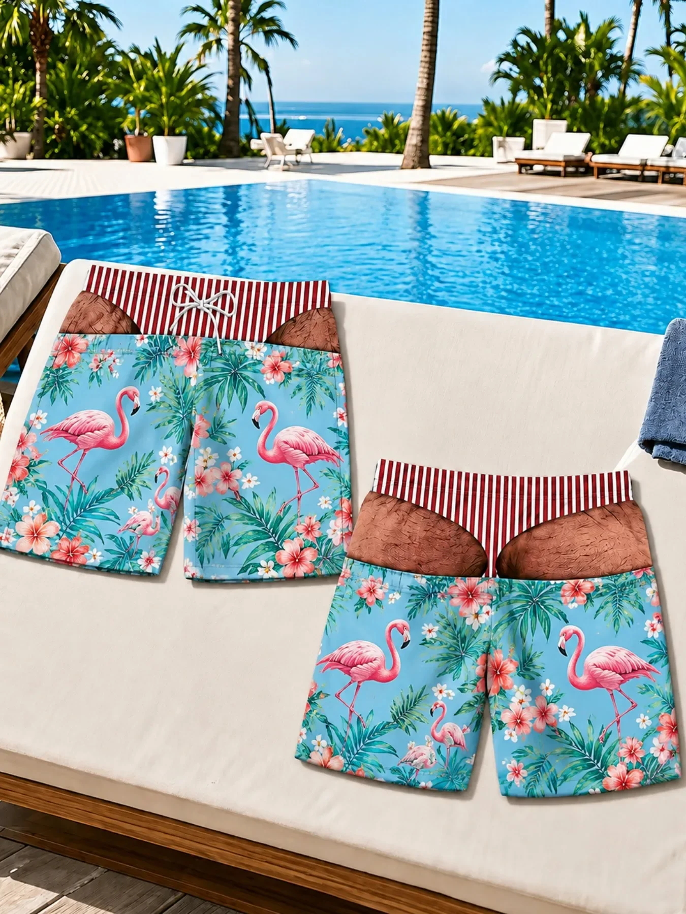 Men Tropical Flamingo Beach Shorts 3D Flower Full Print Fun Imitation Lingerie Waist Design Drawstring Summer Vacation Casual