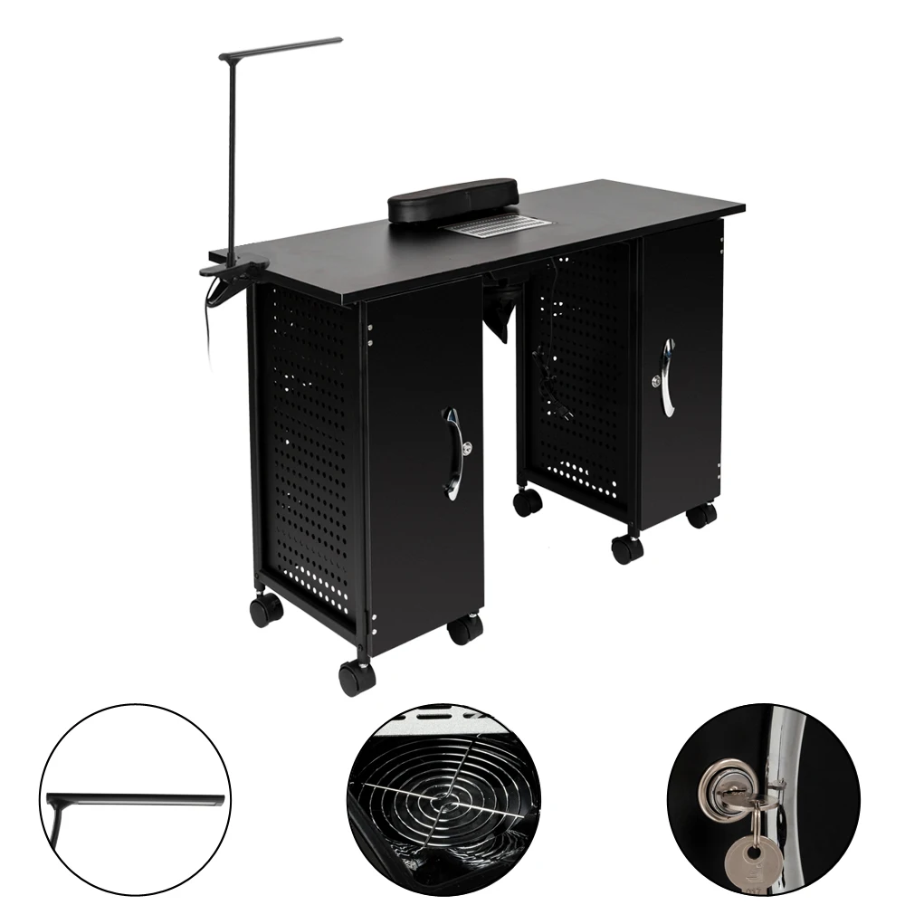 iron Manicure Station Large Table with LED Lamp & Arm Rest Salon Spa Nail Equipment Black with  Eight locking casters