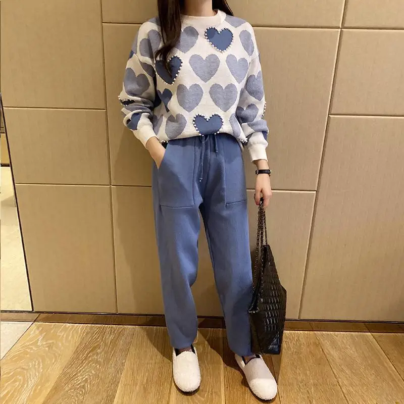 Women Two-piece Knitted Pullover and Harem Pants Casual Embroidered Flares Outfits Fashion Sweater Winter Warm  Suit T08