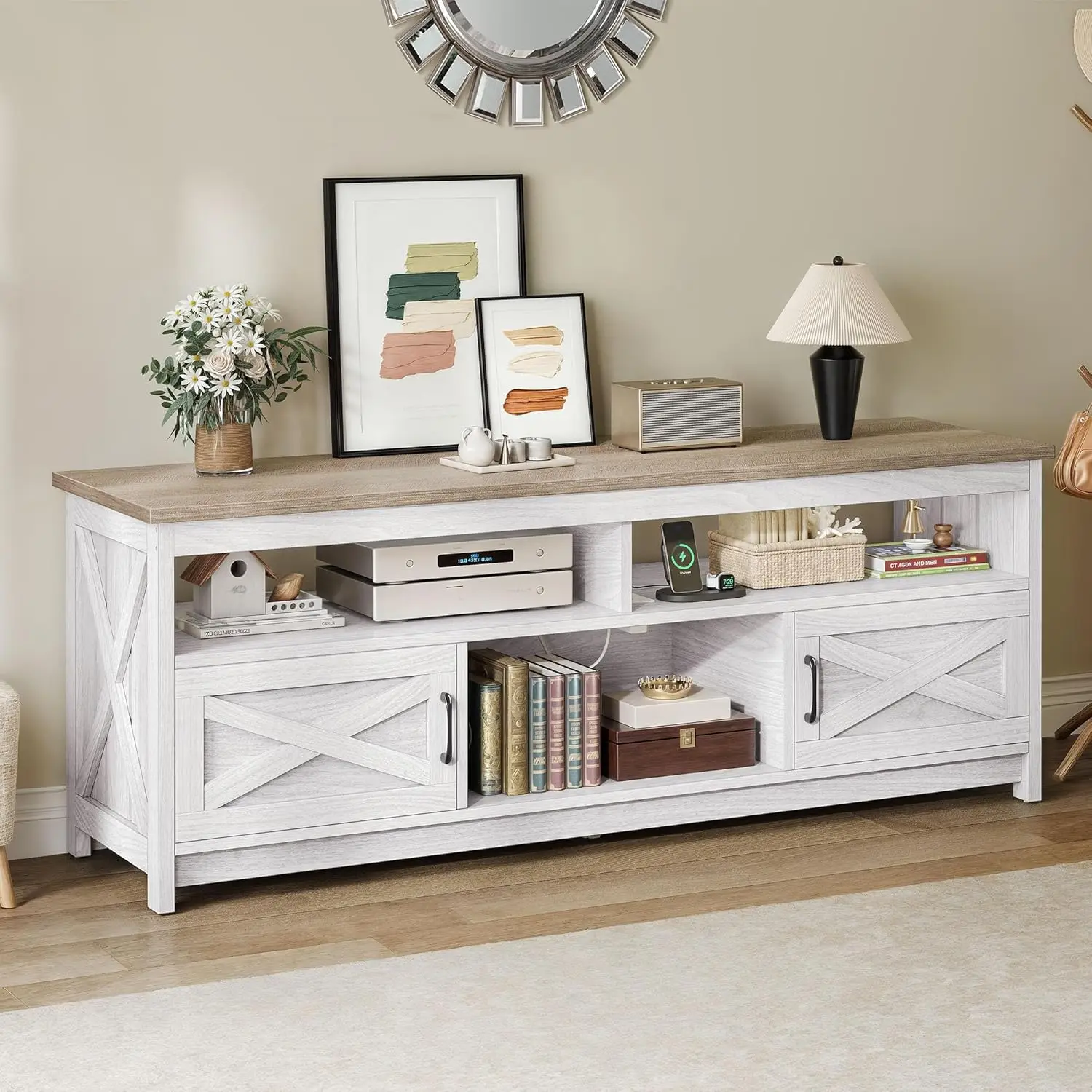 

Тумба под телевизор для 75-дюймового телевизора с розетками, развлекательный центр в стиле фермерского дома с шкафами для хранения, деревенский ТВ-шкаф