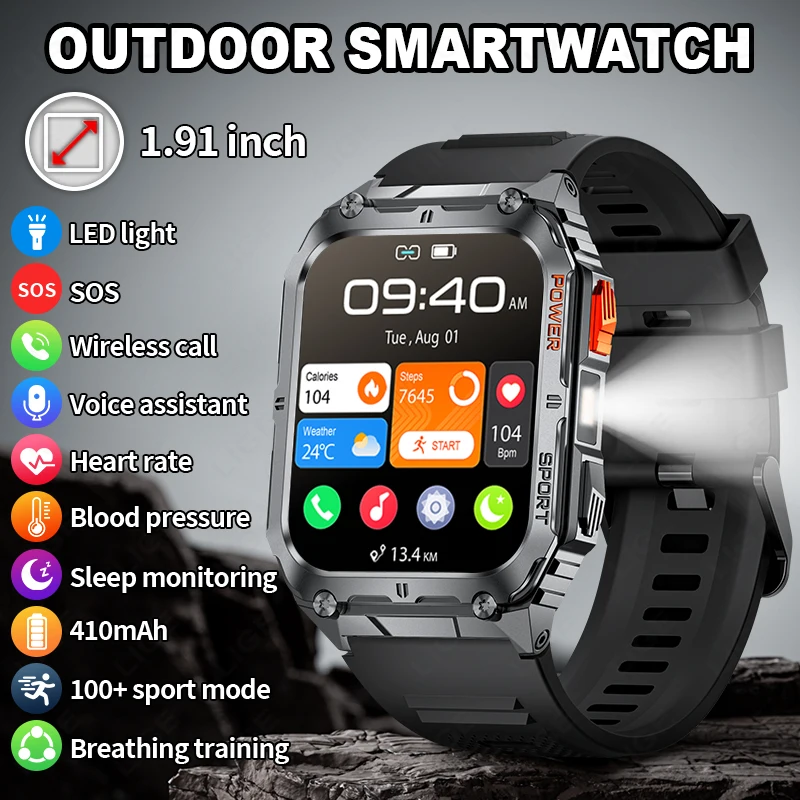 

LIGE 1.91 inch HD Screen Smart Watch With Led Lighting IP68 Waterproof Outdoor Sports Health Monitor Smartwatch For Android IOS