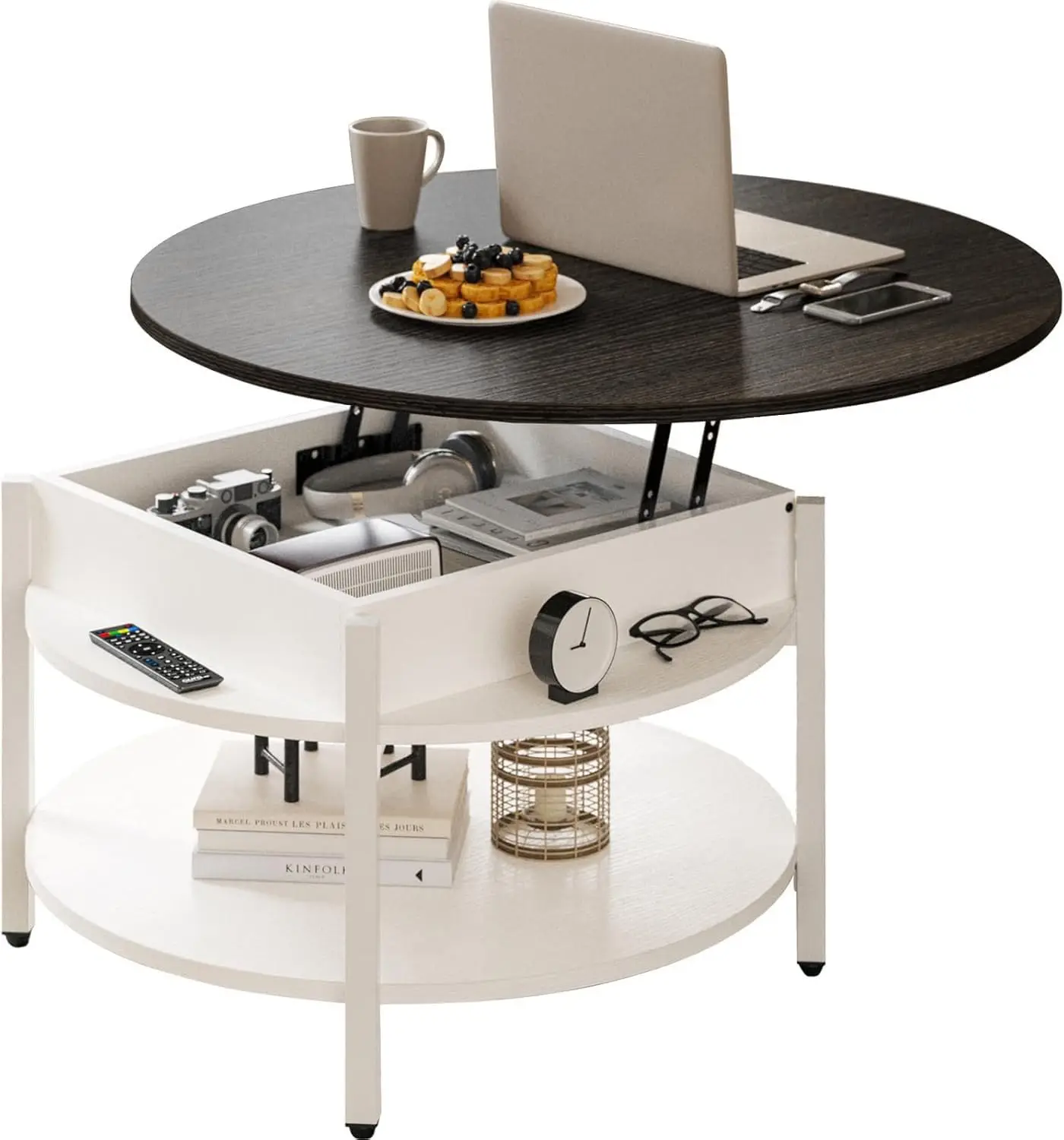 Round Lift Top Coffee Table with Storage, White, 26.77in, Customized