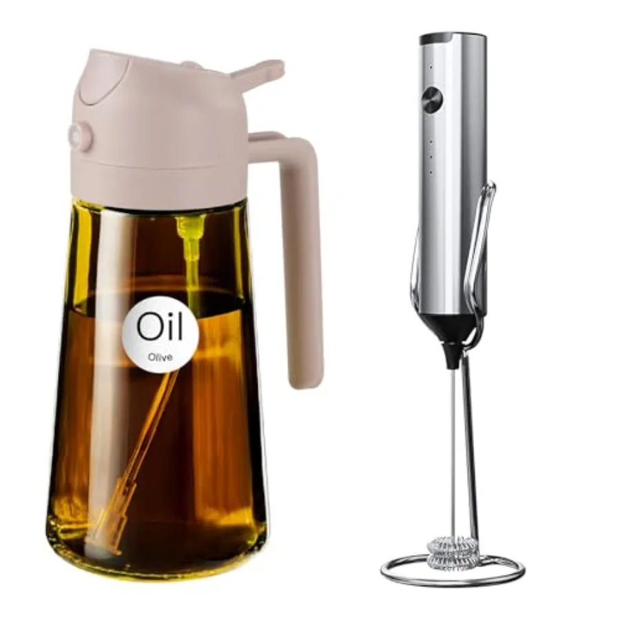 Rociador de Aceite de Oliva de Vidrio de 16oz/470ml en Color Rosa Raíz de Loto con Varilla Espumadora de Leche Recargable para Uso en la Cocina, Cuerpo de Vidrio Duradero