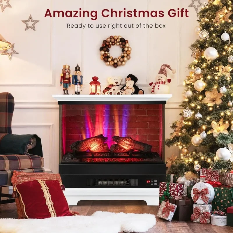 27” Electric Fireplace with Mantel, 3-Sided Glass View, Wooden Surround Firebox, Freestanding Fireplace Heater w/7 Flame Colors