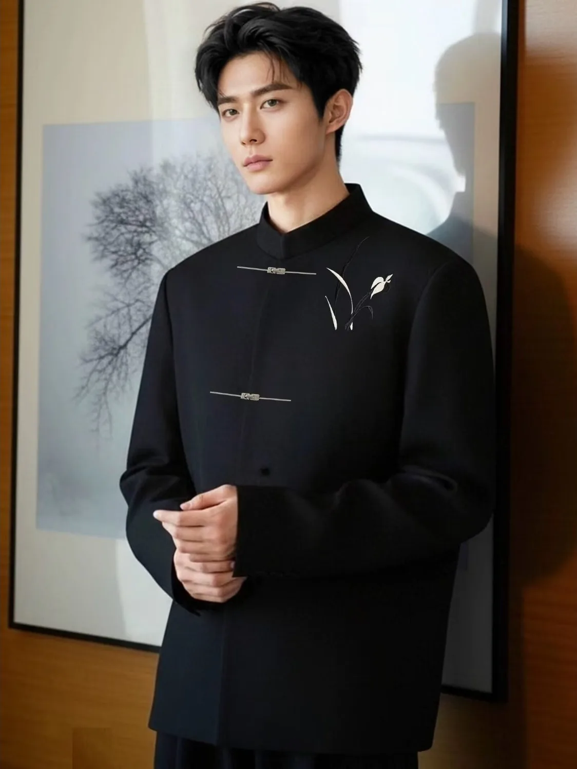 New Chinese Style Men's Black Stand Collar Suit Jacket Bamboo Embroidery Wedding Engagement Ceremony Traditional Costume