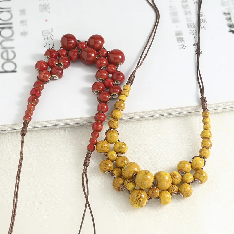 2026 New handmade woven red and yellow ceramic necklace for women adjustable retro Chinese neck jewelry