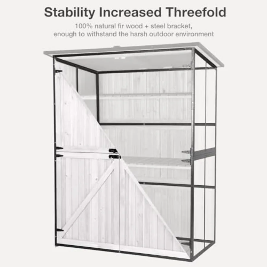 Outdoor Storage Shed with Floor - Waterproof Natural Fir Cabinet in White with Adjustable Shelves and Double Lock for Anti-Thef