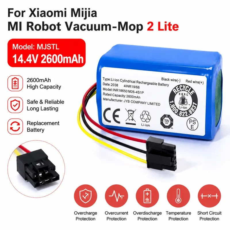 18650 Li-ion Rechargeable Battery 14.4V 2600mAh Replacement for Xiaomi Mijia MI Robot Vacuum-Mop 2 Lite Model MJSTL