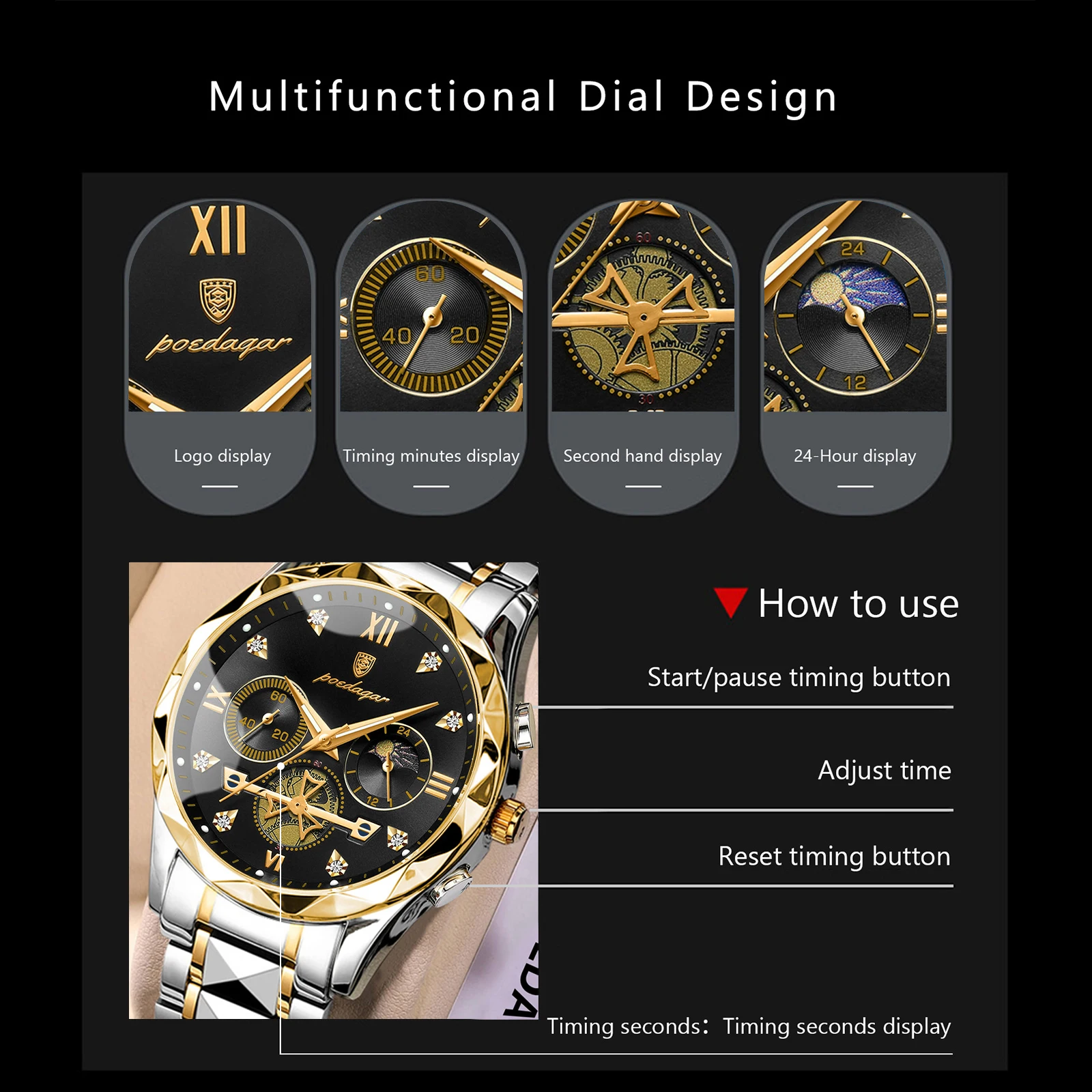 POEDAGAR Luxury Business Man Watch Stainless Steel Chronograph Quartz Men Clock Waterproof Luminous Casual Fashion Men's Watches