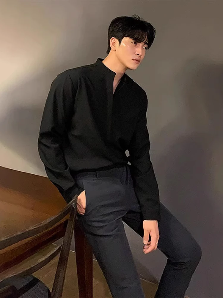 

Slim Fit Long Sve Stand Collar irt for Men Pure Color New Chinese Sle Spring Autumn Trendy Top Youth Polyester Spandex