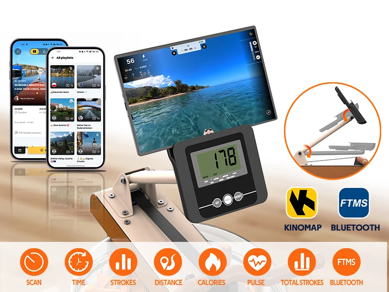 Faltbares Wasser-Rudergerät | 160KG Traglast | Bluetooth-Monitor | 180 ° Klappbares Heimtrainer-Rudergerät mit Aufbewahrungsrädern – Detail 8