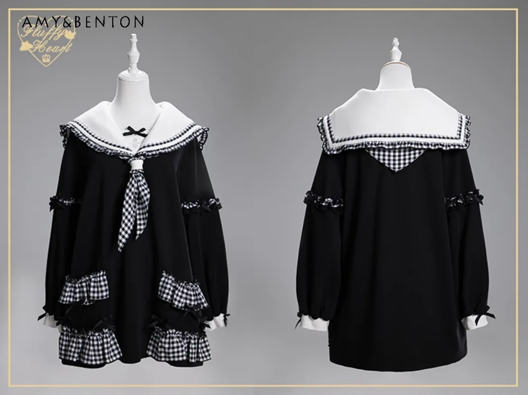 

Japanese Sweet Cute Kawaii Navy Collar Oversized Sweatshirt Subculture Mine Series Long Sleeve Patchwork Mid-Length Sweatshirt