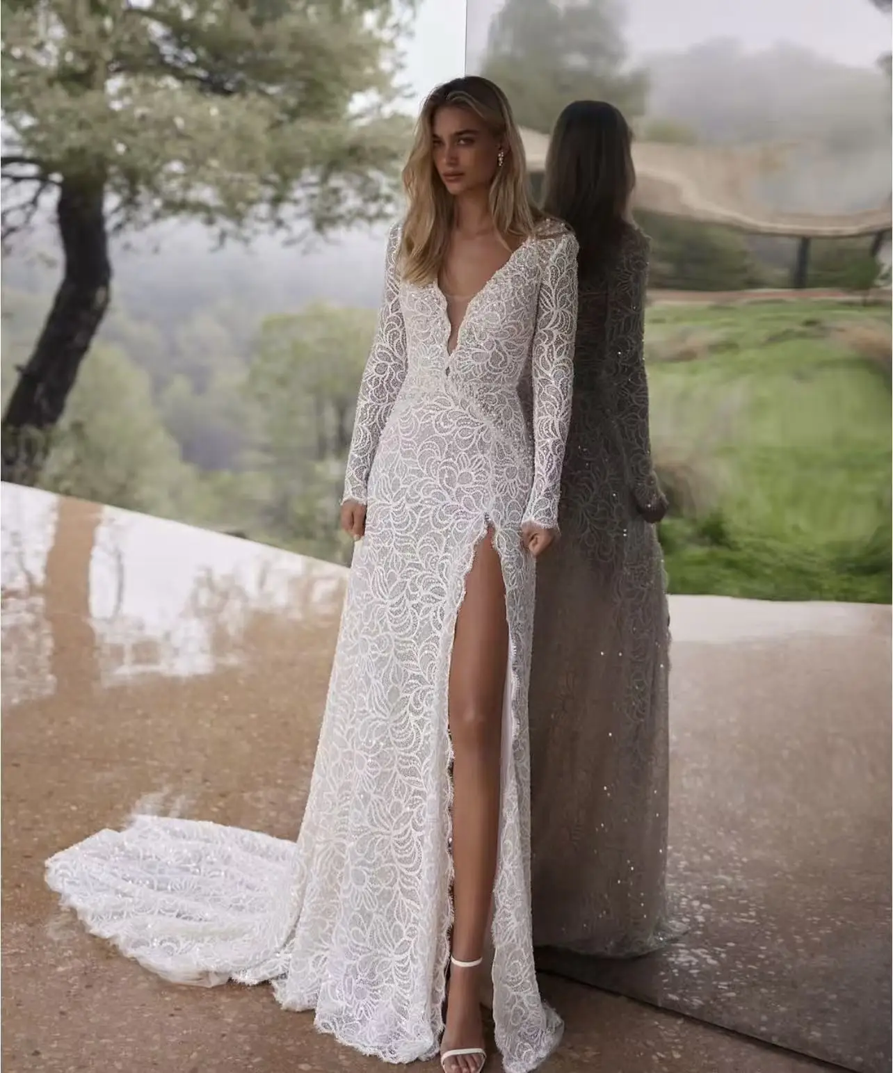 Sexy zeemeermin trouwjurk kant vestidos de novia v-hals backless volledige mouw applique kanten split bruidsjurk robe de mariée