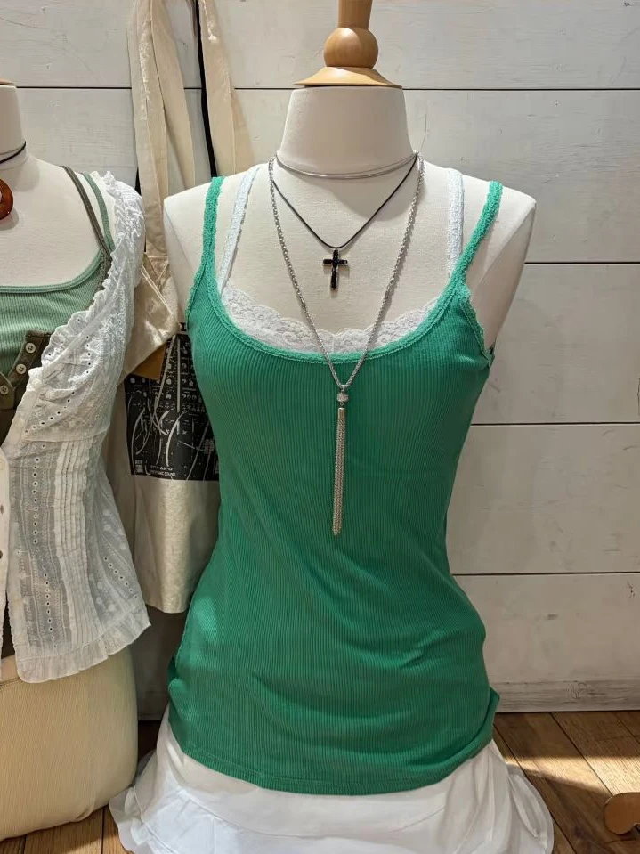 Lace Trim Green Ribbed Tank Top for Woman Summer U Collar Cotton Slim Camisole Female Vintage Streetwear Chic Camis Y2k Tops New