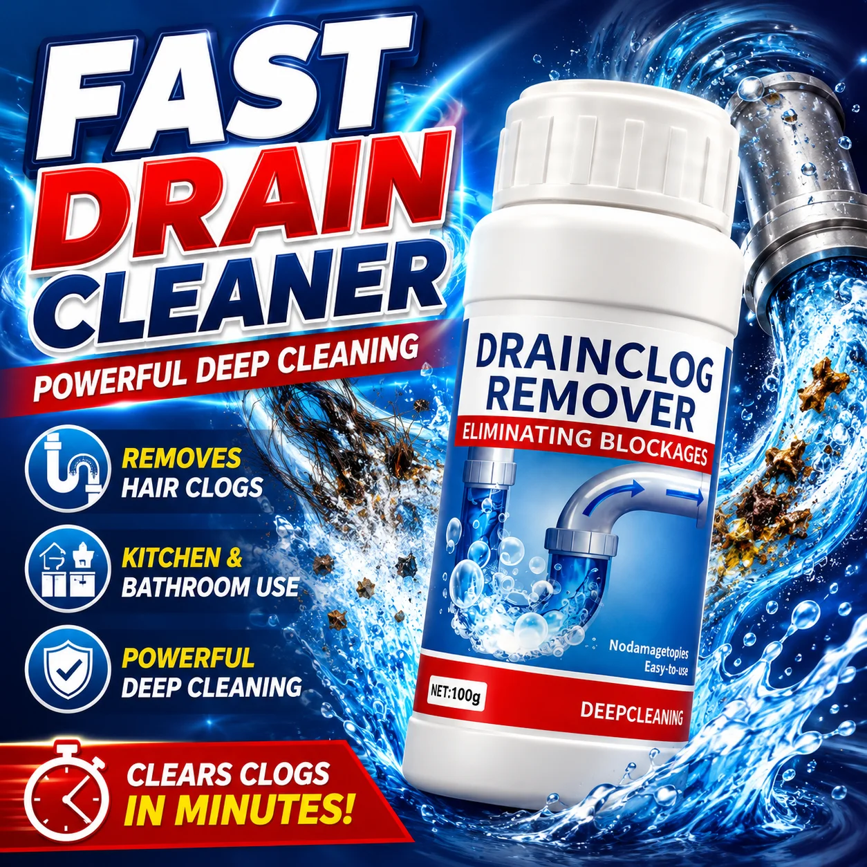 Powerful Drain Clog Remover for Kitchen Toilet Pipe | Fast Hair Grease Dissolver | Safe Non-Corrosive Deep Cleaning Agent 100g