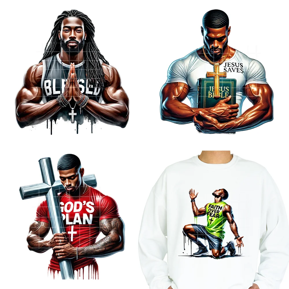 Black Praying Men Faith Blessed Christian Quote Motivational Iron on Washable DTF Transfers Stickers Ready to Press for Clothes