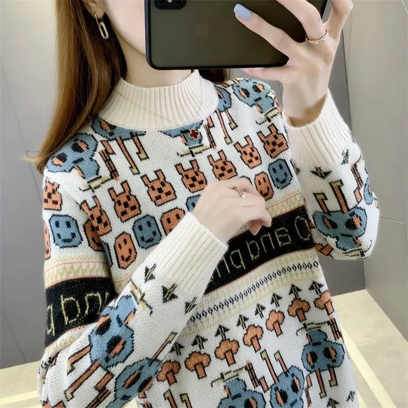 Women's Clothing Contrast Color Autumn Winter Pullover Long Sleeve Geometric Sweater Knitted Casual Elegant Fashionable Tops