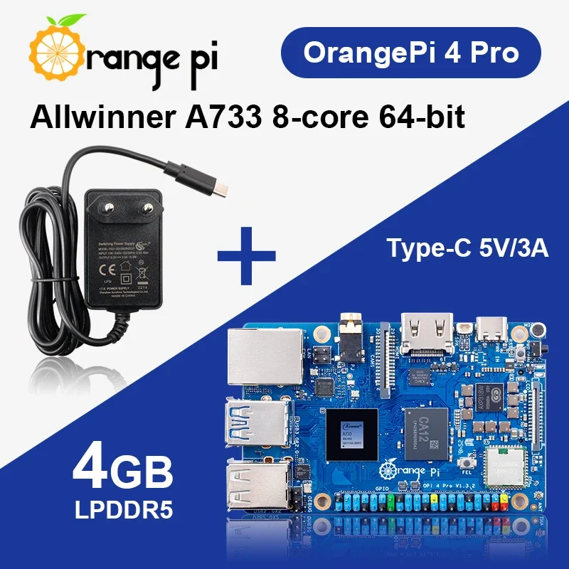 BoaMasMOrange Pi 4 Pro 4GB LPDDR5 + Power Supply Development Board Allwinner A733 Chip 3Tops NPU Wi-Fi6.0+BT5.4 M.2 M-Key Slot