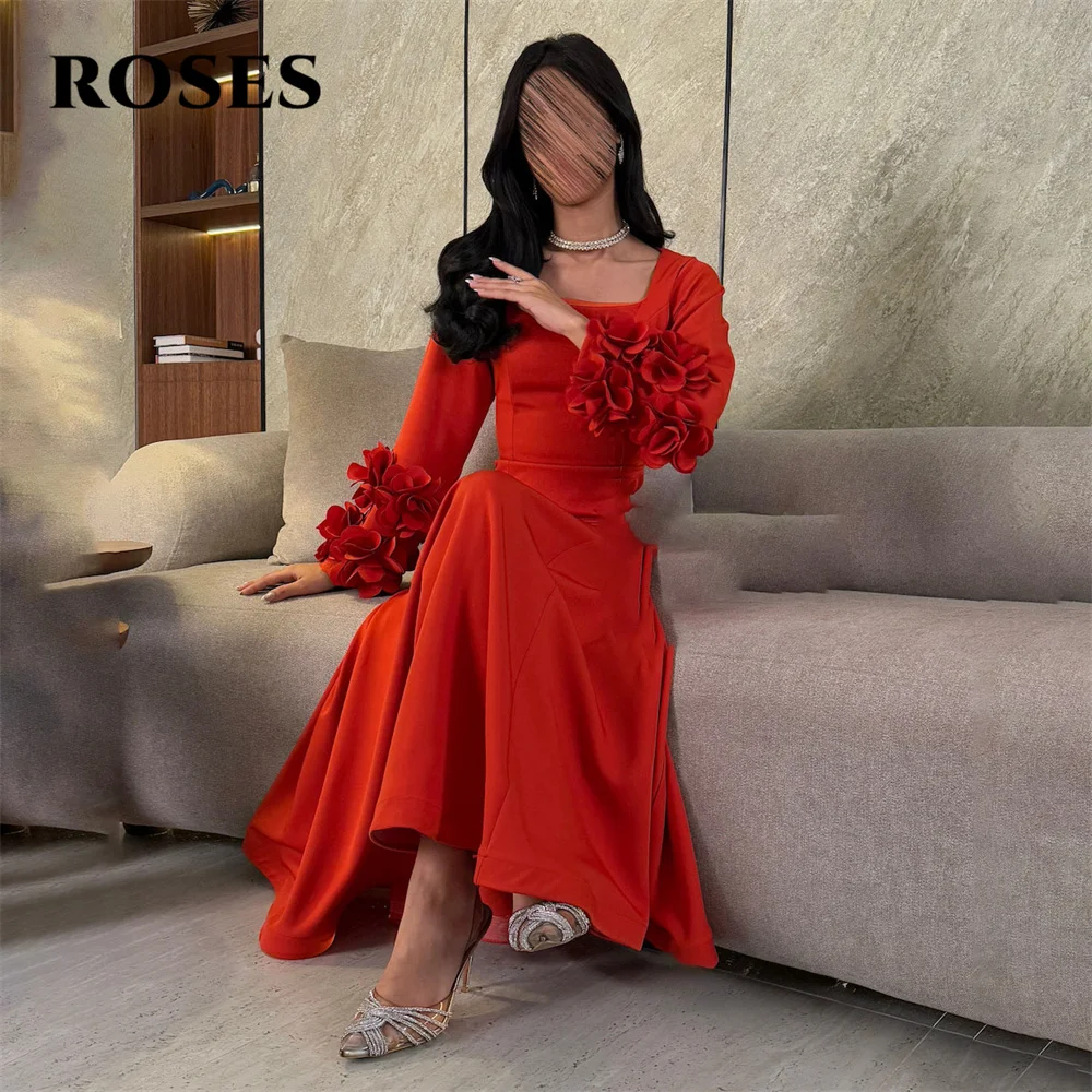 الورود الحمراء الناعمة وصمة عار أنيقة فستان الحفلات الإسلامية كم كامل فستان المشاهير 3D الزهور فساتين المناسبات الخاصة حسب الطلب