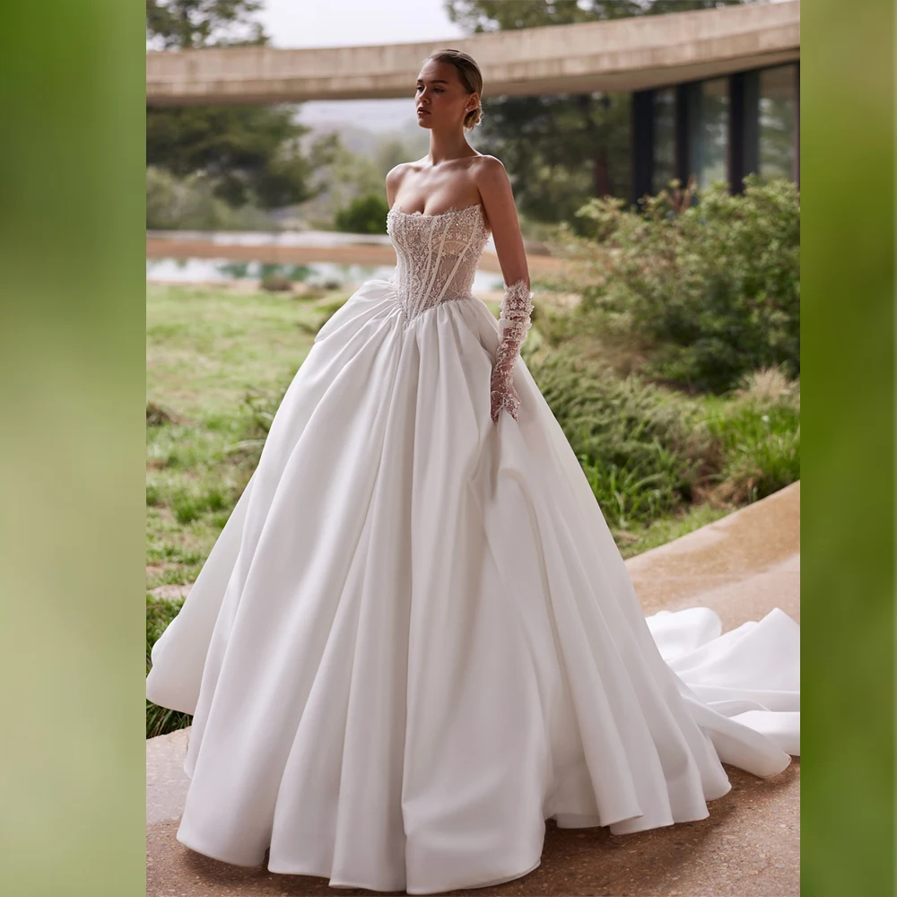 White Satin Strapless A-line Wedding Dress Backless Corset Bridal Gown Customizable Amanda Brides Vestido De Novia