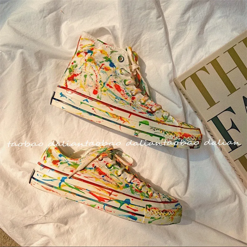 Canvas Shoe Ins Hand-painted Splashing Ink White Shoe Macaron Color Scheme High-top Women's Shoes Graffiti Canvas Shoes Women