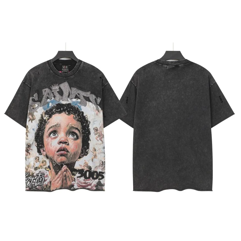 Retro Distressed SAINT Praying Kid Angel Print T-shirt Black Washed Crew Neck SAINT Short Sleeve Streetwear Hip Hop Casual Top