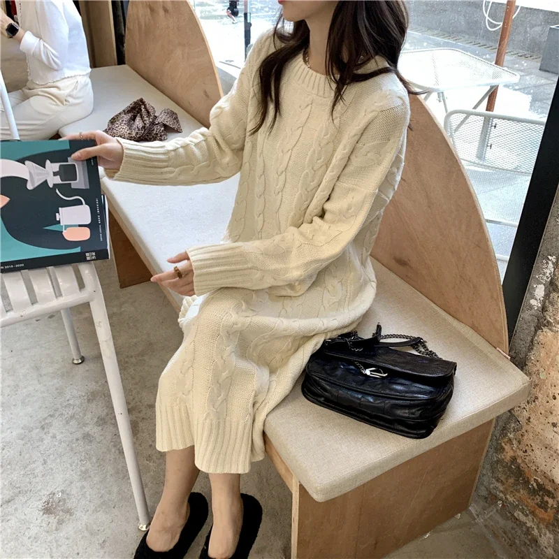 Apricot Twist Knitted Dress for Women  Autumn Loose Long Knitwear Korean Streetwear Thicken Knit Vestido Ladies Winter