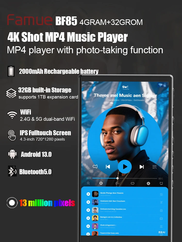 Pemutar MP3 Famue Android 13 dengan Bluetooth dan WiFi, Pemutar MP3 MP4 dengan Spotify, Dapat Didengar, Pandora, Versi Mandiri / Jaringan