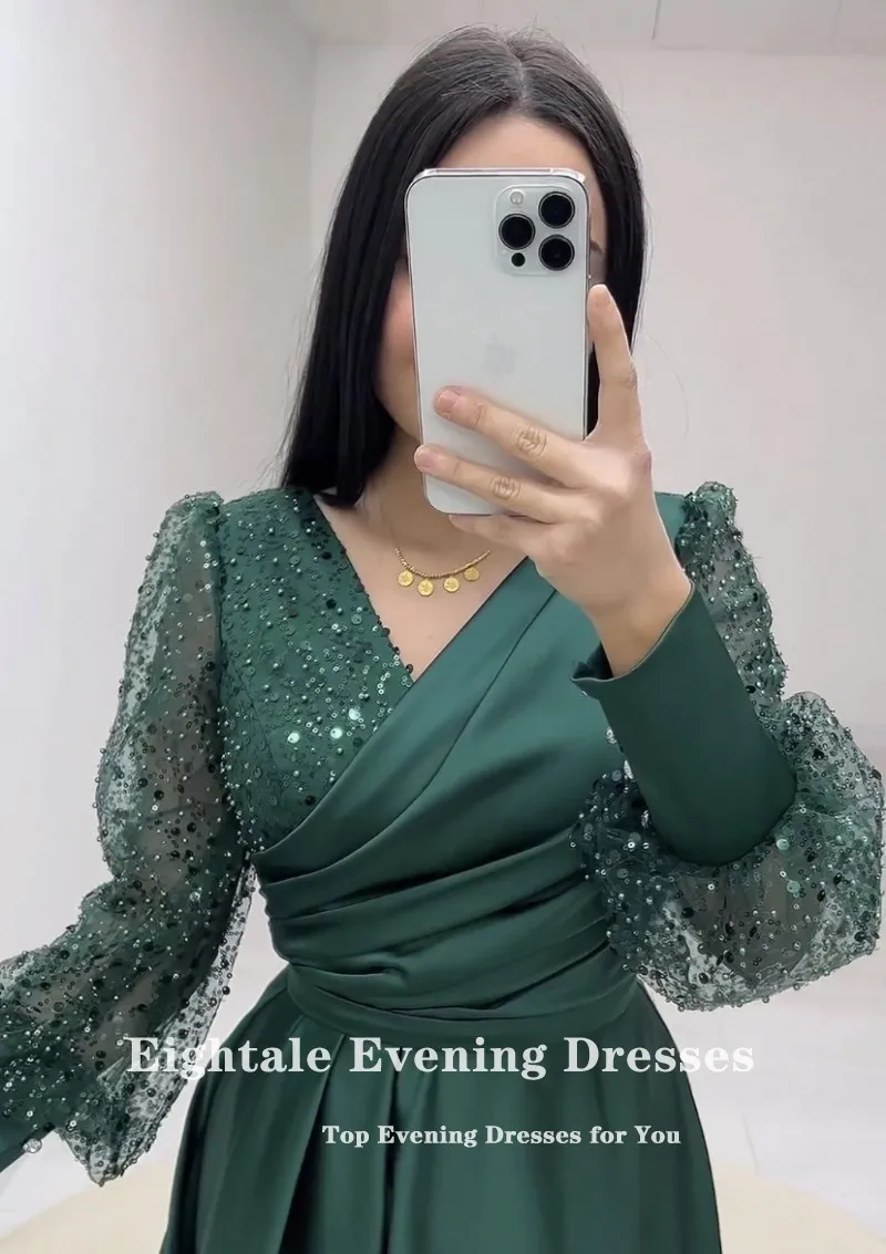 Abiti da ballo verde smeraldo ottoman con scollo a v Glitter maniche lunghe a-line abito da sera corto Vestidos Para laurea