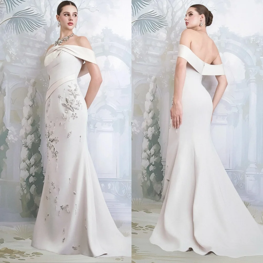 Personalizado exquisito Jersey plisado lentejuelas trompeta fuera del hombro vestidos largos ocasión a medida celebridad Formal