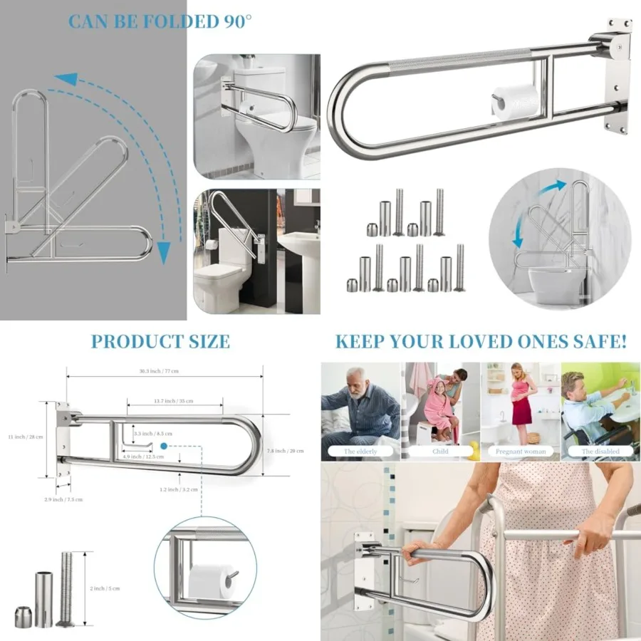 Toilet Grab Bar, Anti-Slip Handicap Grab Bars with Paper Holder, Flip-Up Bathroom Safety Rails, Staless Steel Knurled Support h