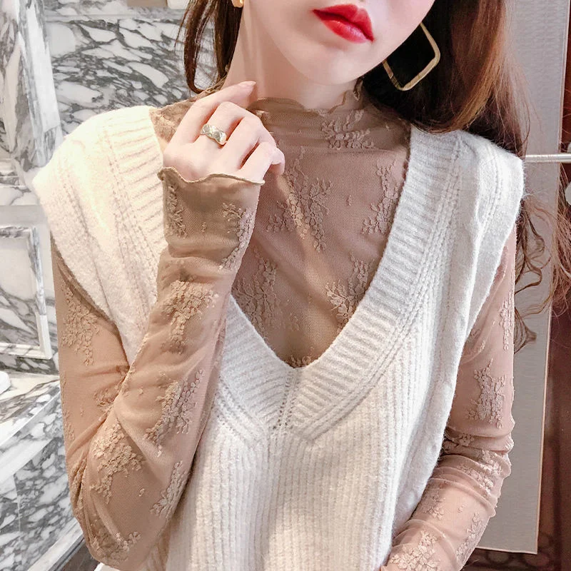 White Half High Collar Lace Bottomed Blouse Women Summer Thin Style With Wooden Ears Large Sexy Wispy Empty Mesh Fashion Tops