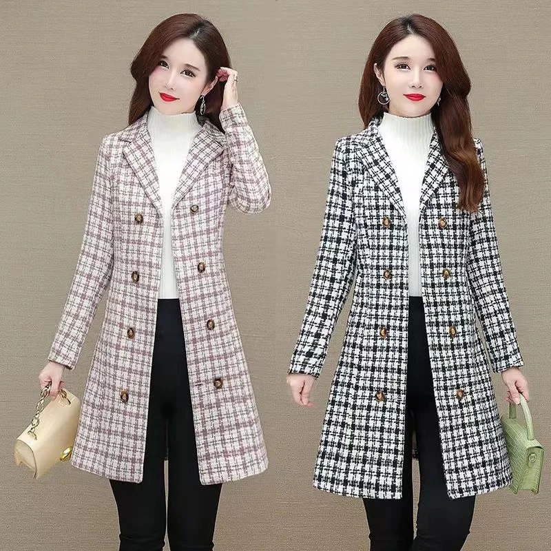 

Autumn Winter Women Jacket 2024 New Fashion Mid-length double-breasted lattice Women Woolen Coat Overcoat Female Outerwear 5XL