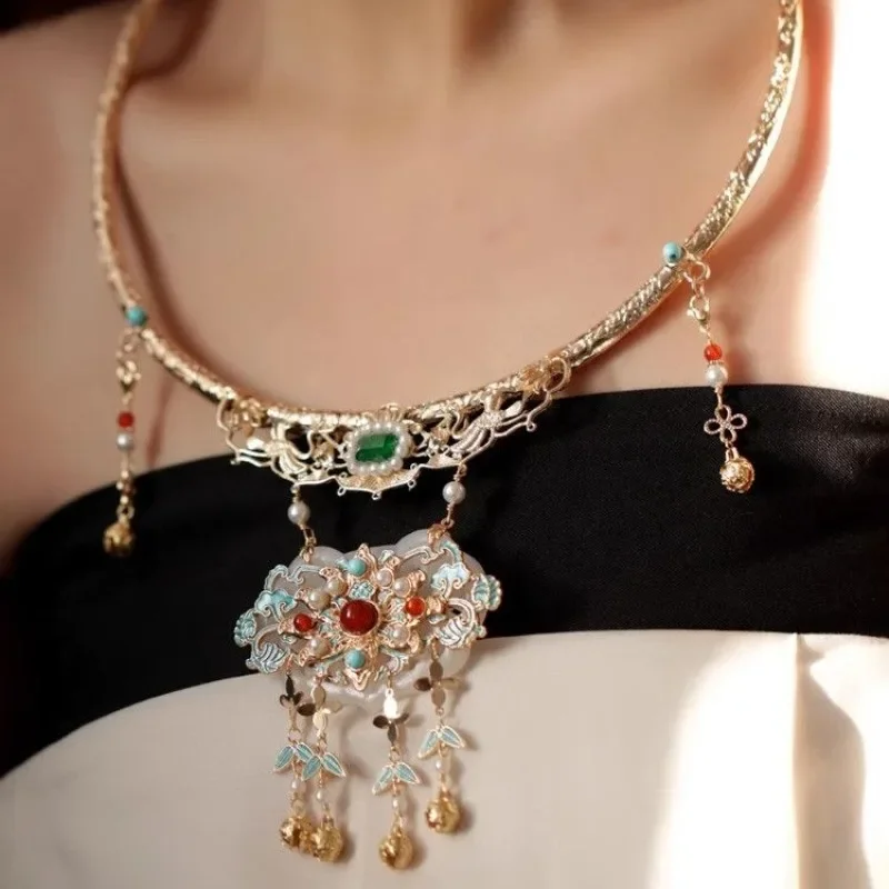 

Ming Dynasty Necklace Safe Lock Extra Long Back Cloud Women Rich Hanfu Cheongsam Accessories Chinese Style Necklace