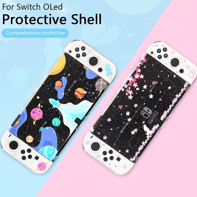 Sakura Glitter Transparent Clear Protective Hard Shell Case Cover Skin for Nintendo Switch Oled Accessories Dockable Case