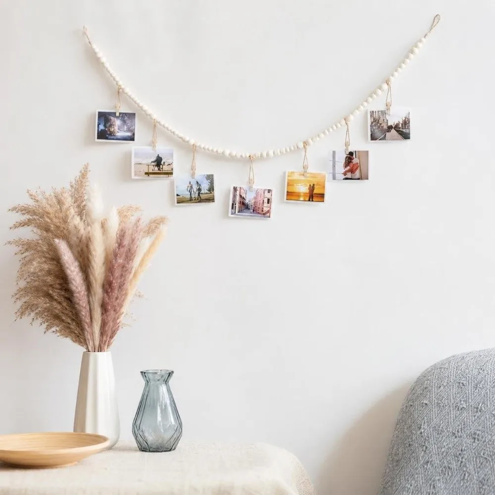 Nordic Style Hanging Photo Display Minimalist Decorative Picture Hanging String Wooden Bead Garland DIY Wall Hanging Photo Clip