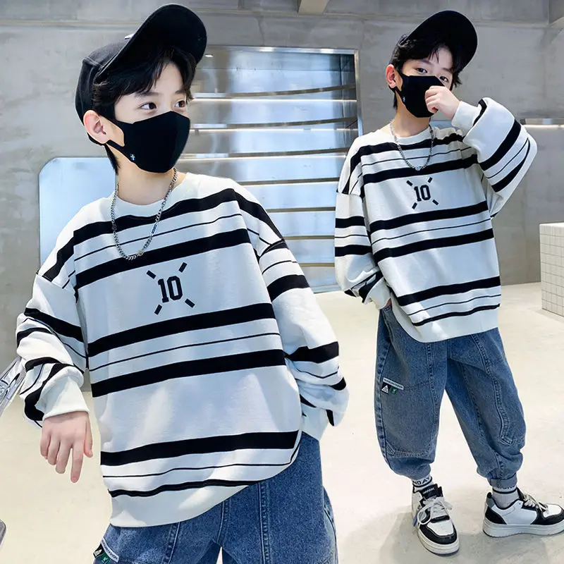 Spring Autumn Boys Cotton Loose Contrast Striped Sweatshirt School Kids Track Pullover Tops Child Work Jumper Outfit 5-16 Years