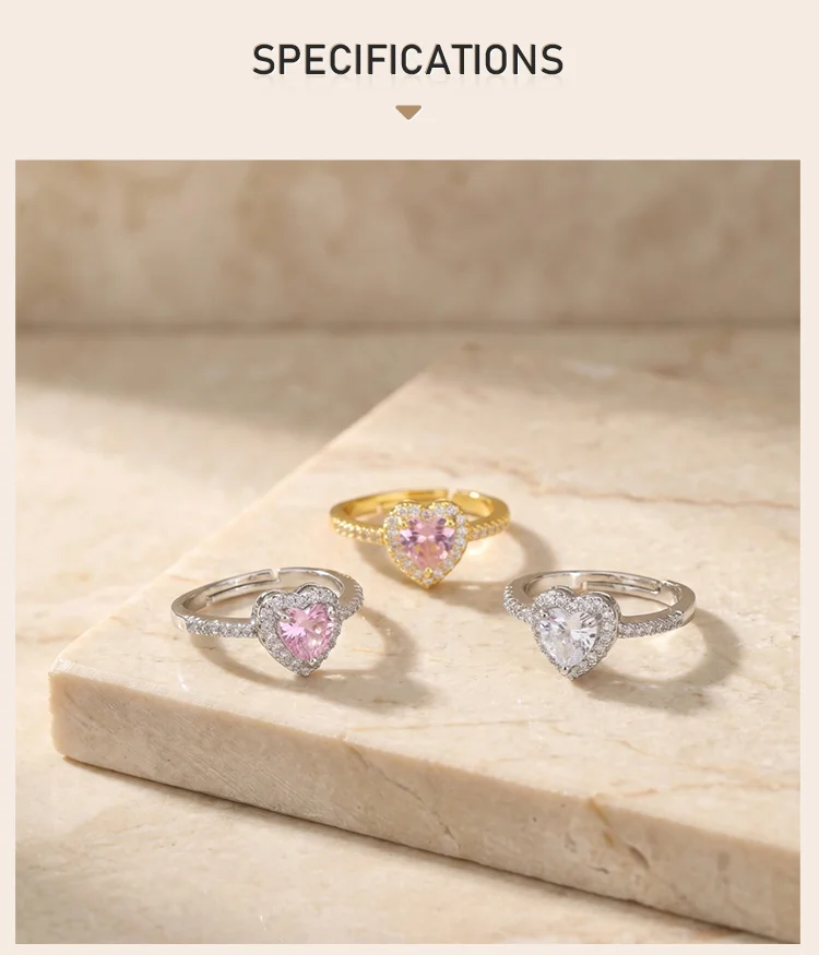 Heart Ring Adjustable for Women Zircon Love Shaped Open Ring Silver Color Romantic Promise Jewelry Gift