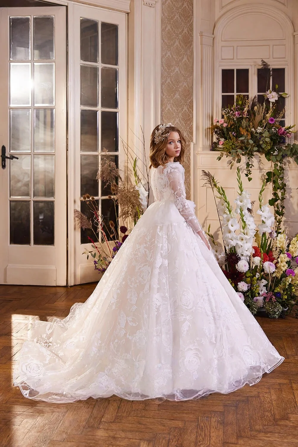 Custom JDY High Long Sleeve Embroidery Lace Trailing Flower Girl Dress Wedding Party Gown Birthday Pageant Dress فساتين اطفال
