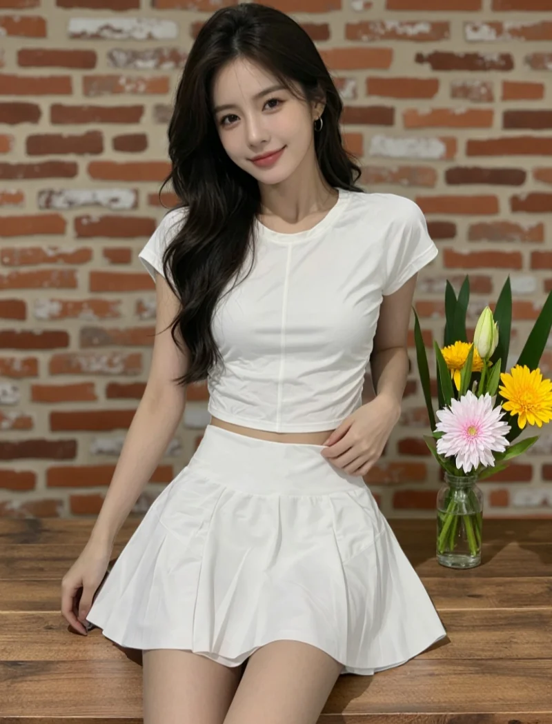 Women's Sport Yoga Running Outfit Quick Dry Short Sleeve High Waist Pleated Skirt Set Gentle Pure White Commute Two Piece Set