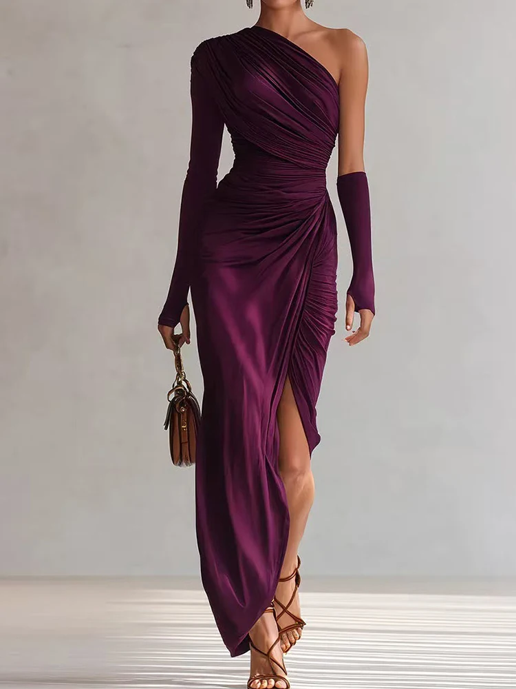 Frühling Sommer Schräg-Ausschnitt Einfarbiges Maxikleid, Damen Urlaubs-Mode Einschultriges Partykleid, 2026 Elegantes Patchwork Damenkleid