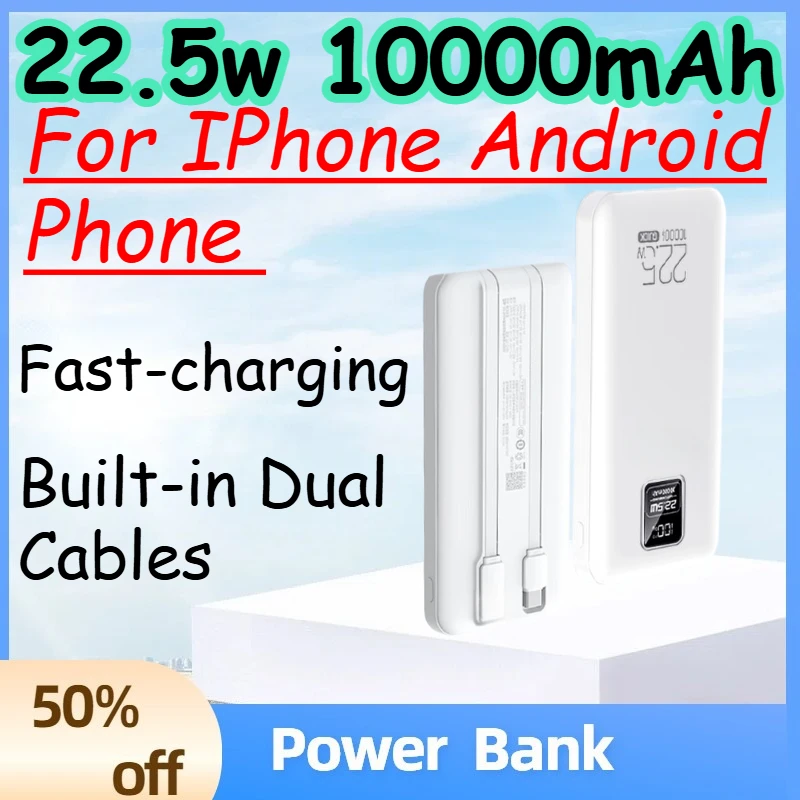 

22.5w 10000mAh High-capacity Power Bank with Built-in Dual Cables for IPhone Android Phone Fast-charging Mini PowerBank