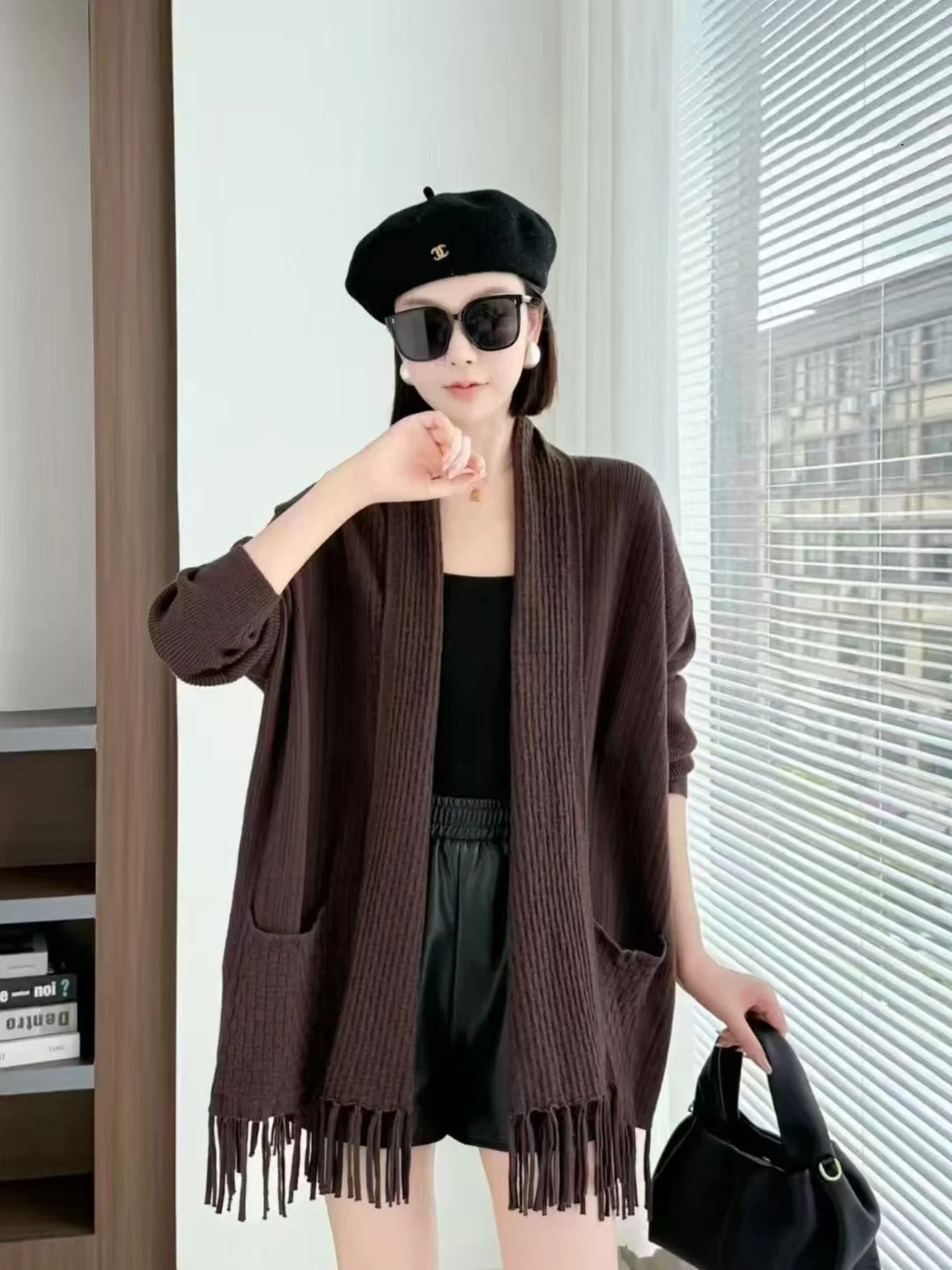 

Моющееся пальто с запахом и кисточками, длина миди, открытый кардиган, верхняя одежда для мамы, осенняя новинка, большие размеры, Ele