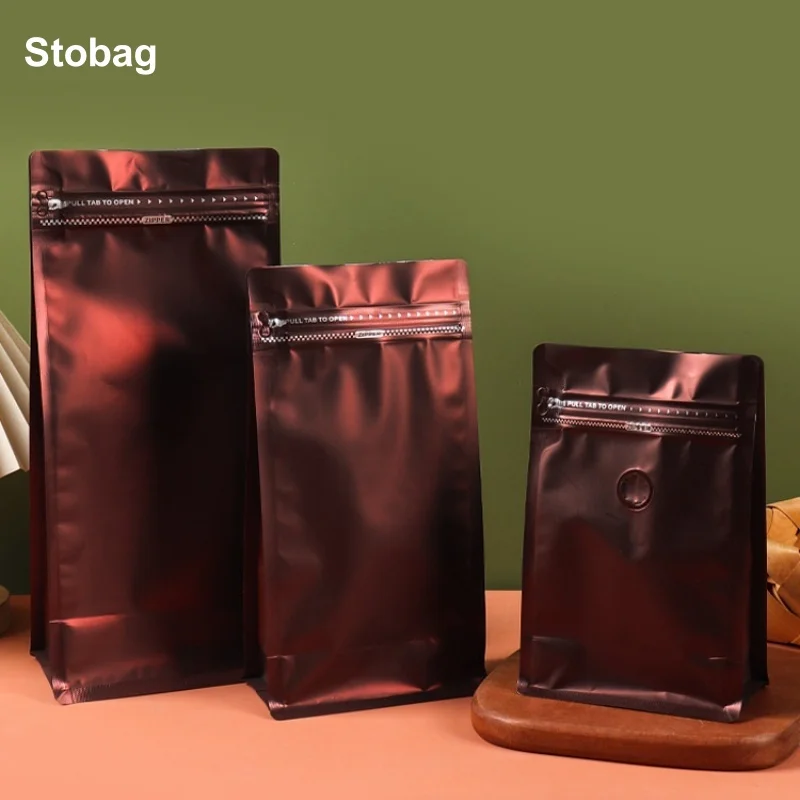 StoBag 50pcs Brown Coffee Beans Packaging Bag with/No Valve Aluminum Foil Heat Sealing for Food Powder Tea Nuts Storage Pouches