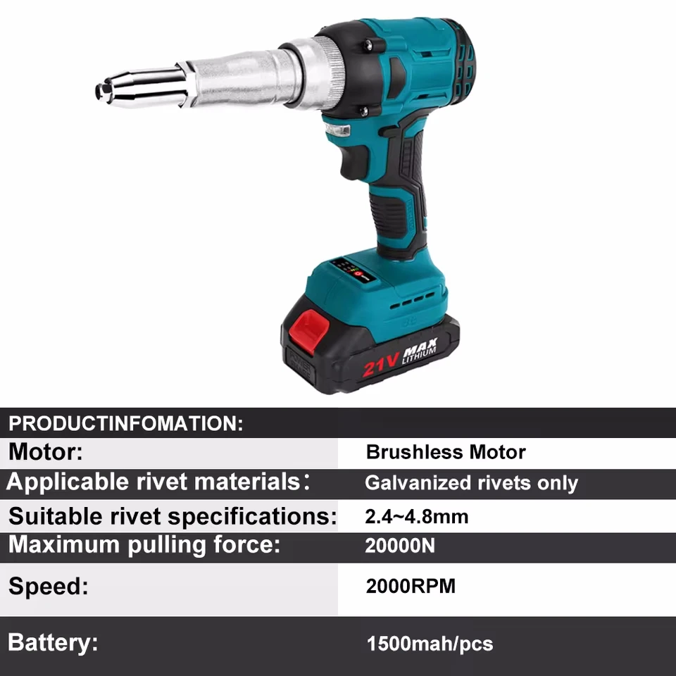 Cordless 10000N Brushless Electric Rivet Gun 2.4~4.8mm Rechargeable Electric Nailing Assembly Power Tools For Makita 18V Battery