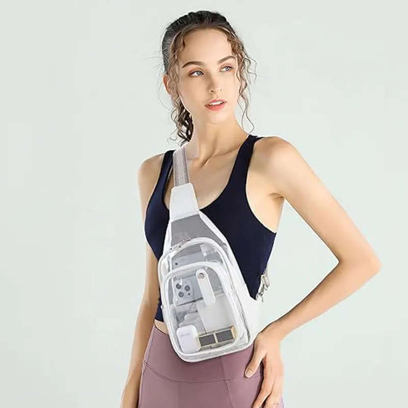 Bolsa de Peito em Couro com Detalhes em PVC, Bolsa Transparente de Ombro, Bolsa Transversal Fashion, Bolsa Feminina e Masculina
