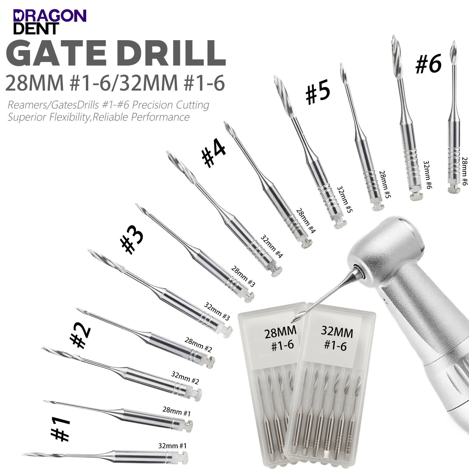 Dargon 6Pcs/Pack Dental Endodontic Gates Drill Glidden Rotary 28mm/32mm Engine Use Stainless Steel Endo Files #1-6
